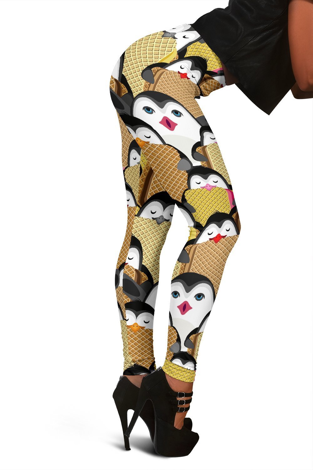 Penguin Waffle Pattern Print Women Leggings-grizzshop