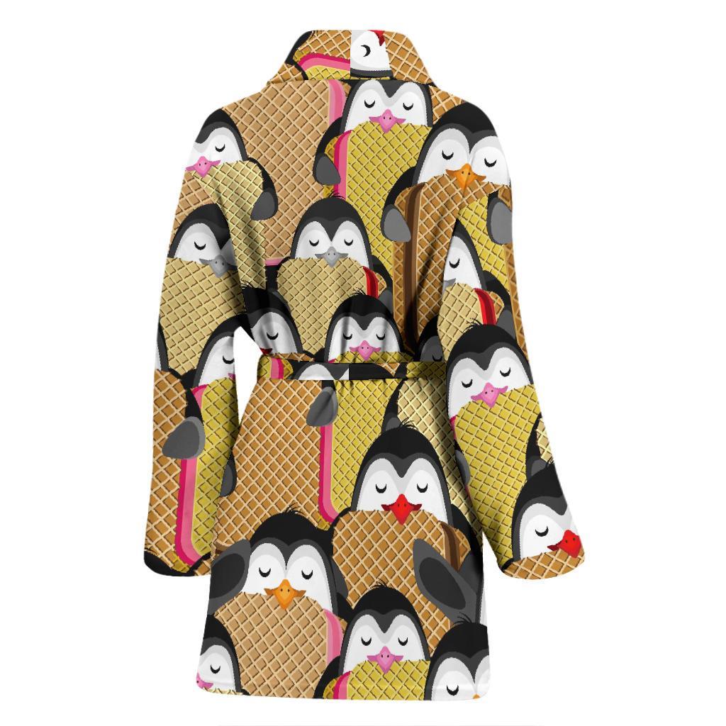 Penguin Waffle Pattern Print Women Long Robe-grizzshop