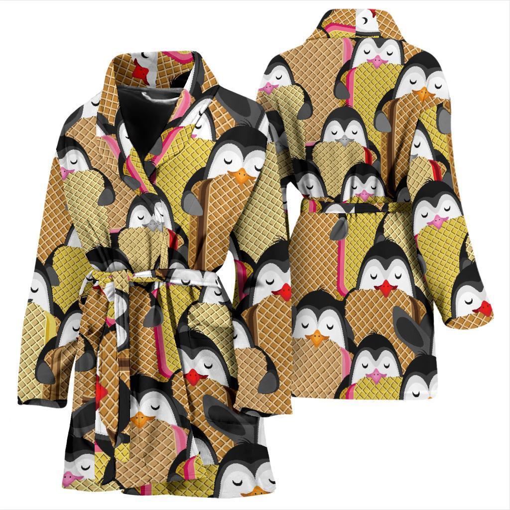 Penguin Waffle Pattern Print Women Long Robe-grizzshop