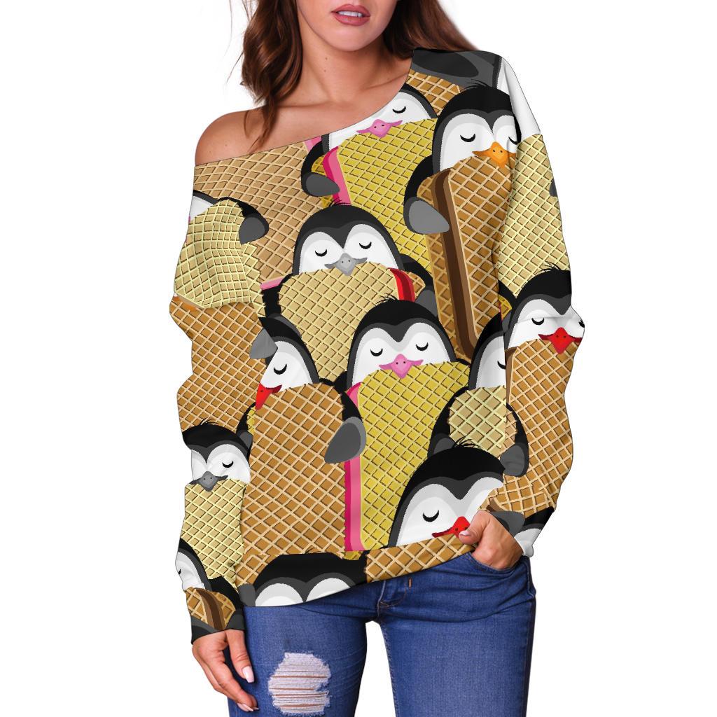 Penguin Waffle Pattern Print Women Off Shoulder Sweatshirt-grizzshop