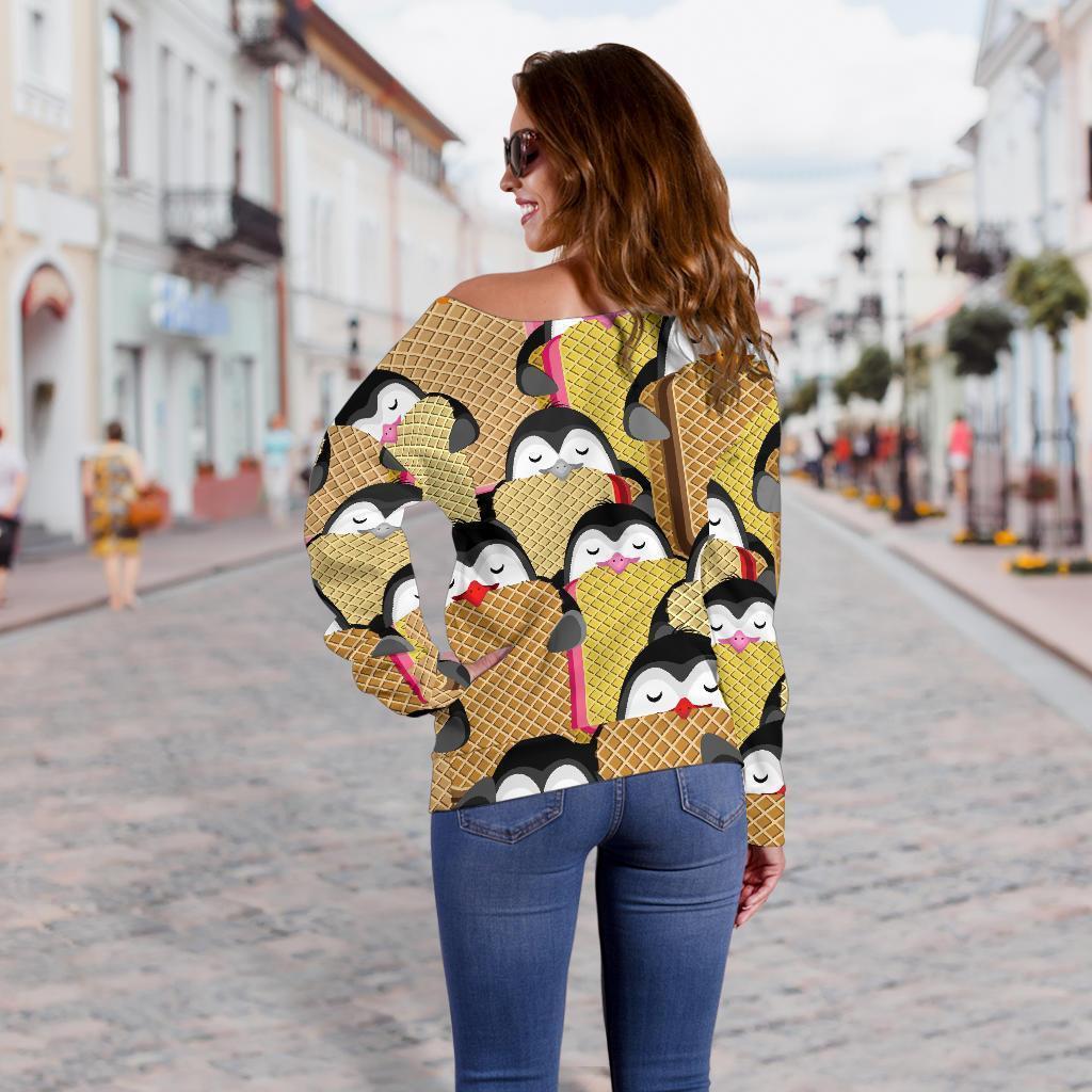 Penguin Waffle Pattern Print Women Off Shoulder Sweatshirt-grizzshop