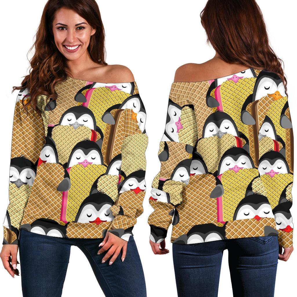 Penguin Waffle Pattern Print Women Off Shoulder Sweatshirt-grizzshop