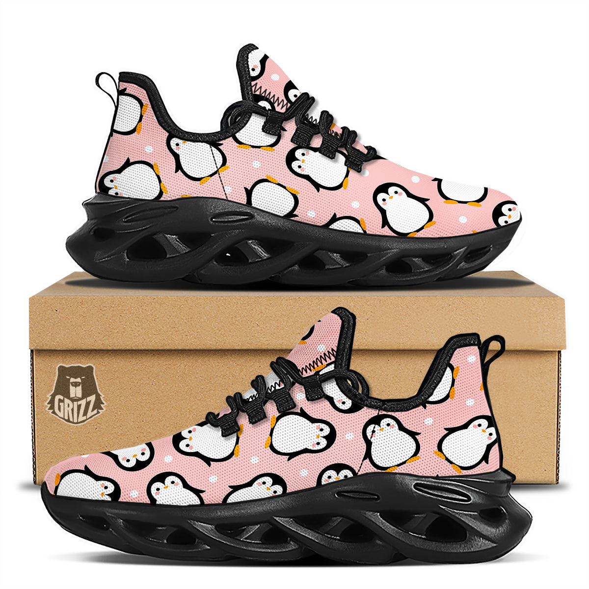 Penguin Xmas Print Pattern Black Running Shoes-grizzshop