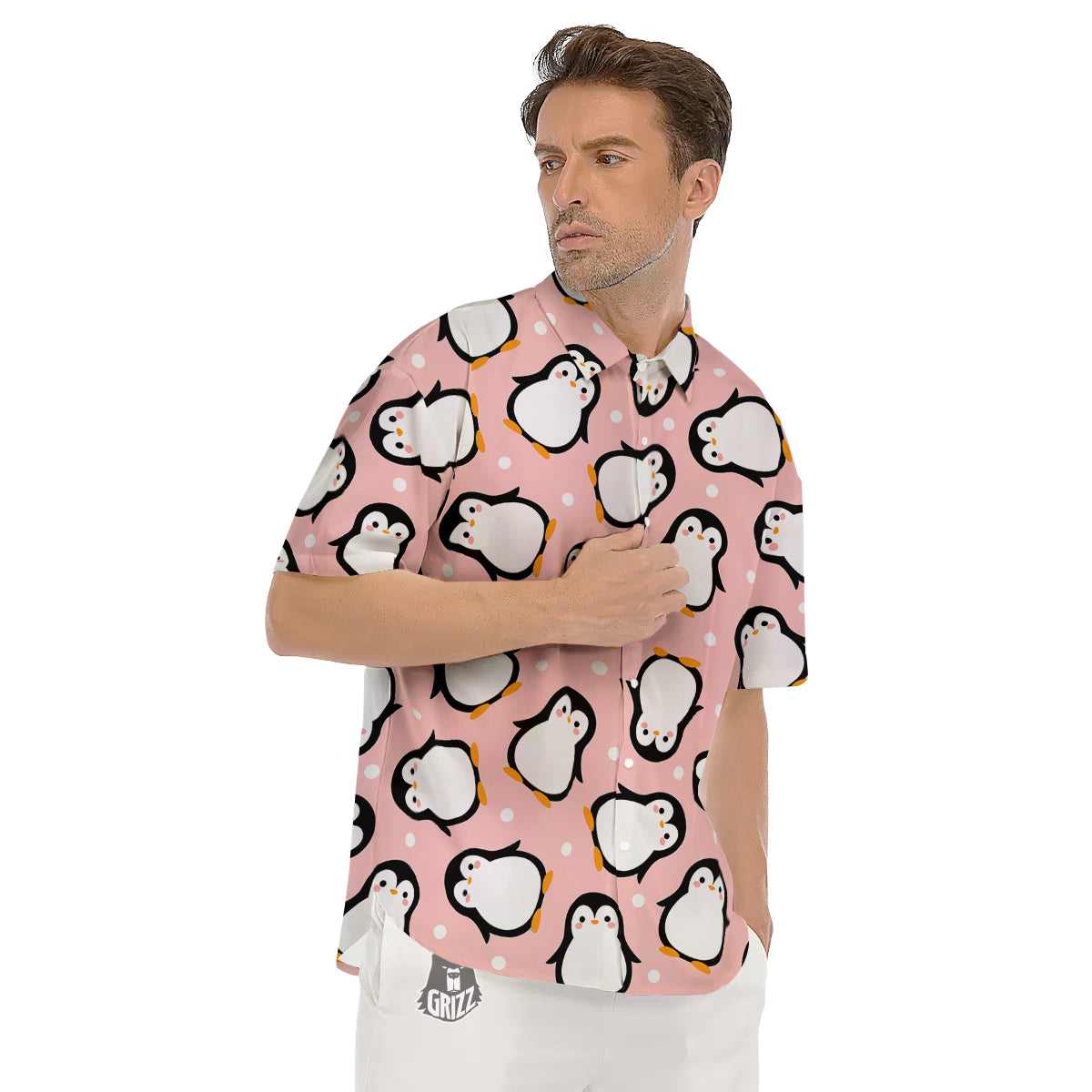 Penguin Xmas Print Pattern Men's Short Sleeve Shirts-grizzshop