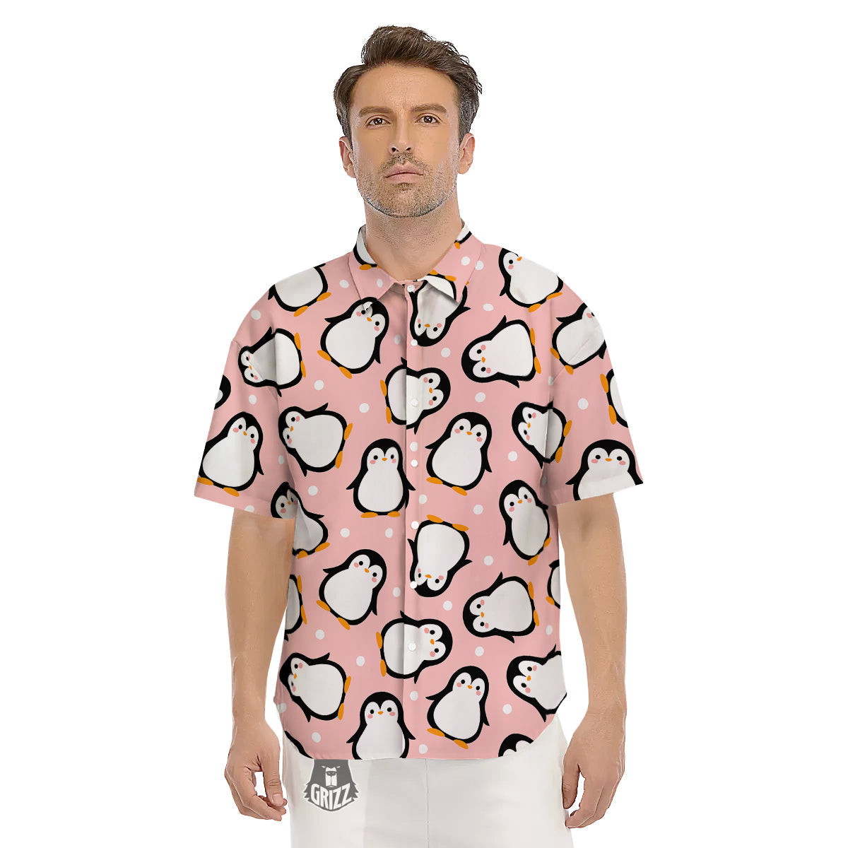 Penguin Xmas Print Pattern Men's Short Sleeve Shirts-grizzshop