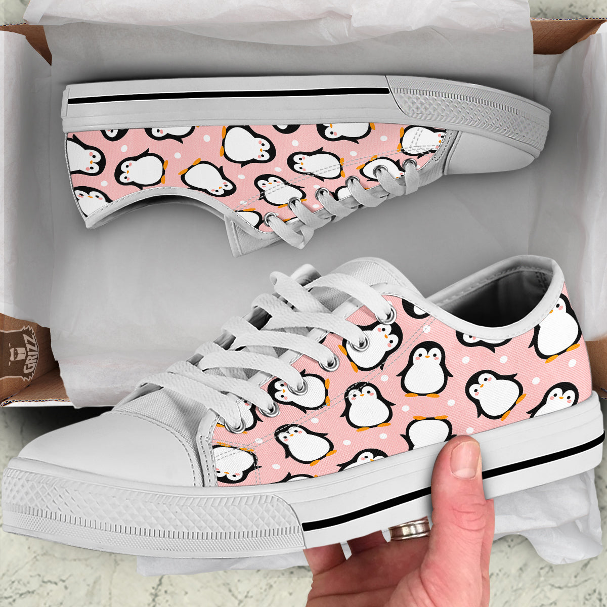 Penguin Xmas Print Pattern White Low Top Shoes-grizzshop