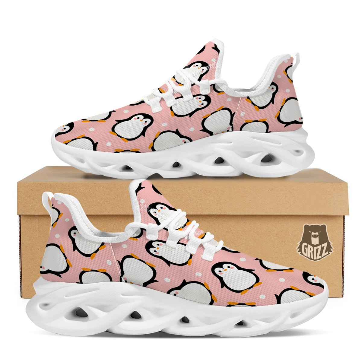 Penguin Xmas Print Pattern White Running Shoes-grizzshop