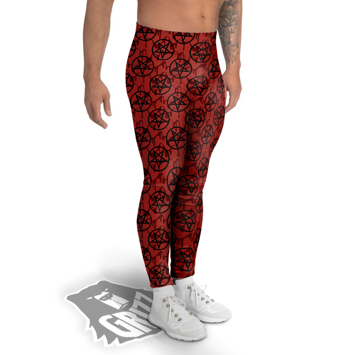 Pentagram Bloody Satanic Print Pattern Men's Leggings-grizzshop