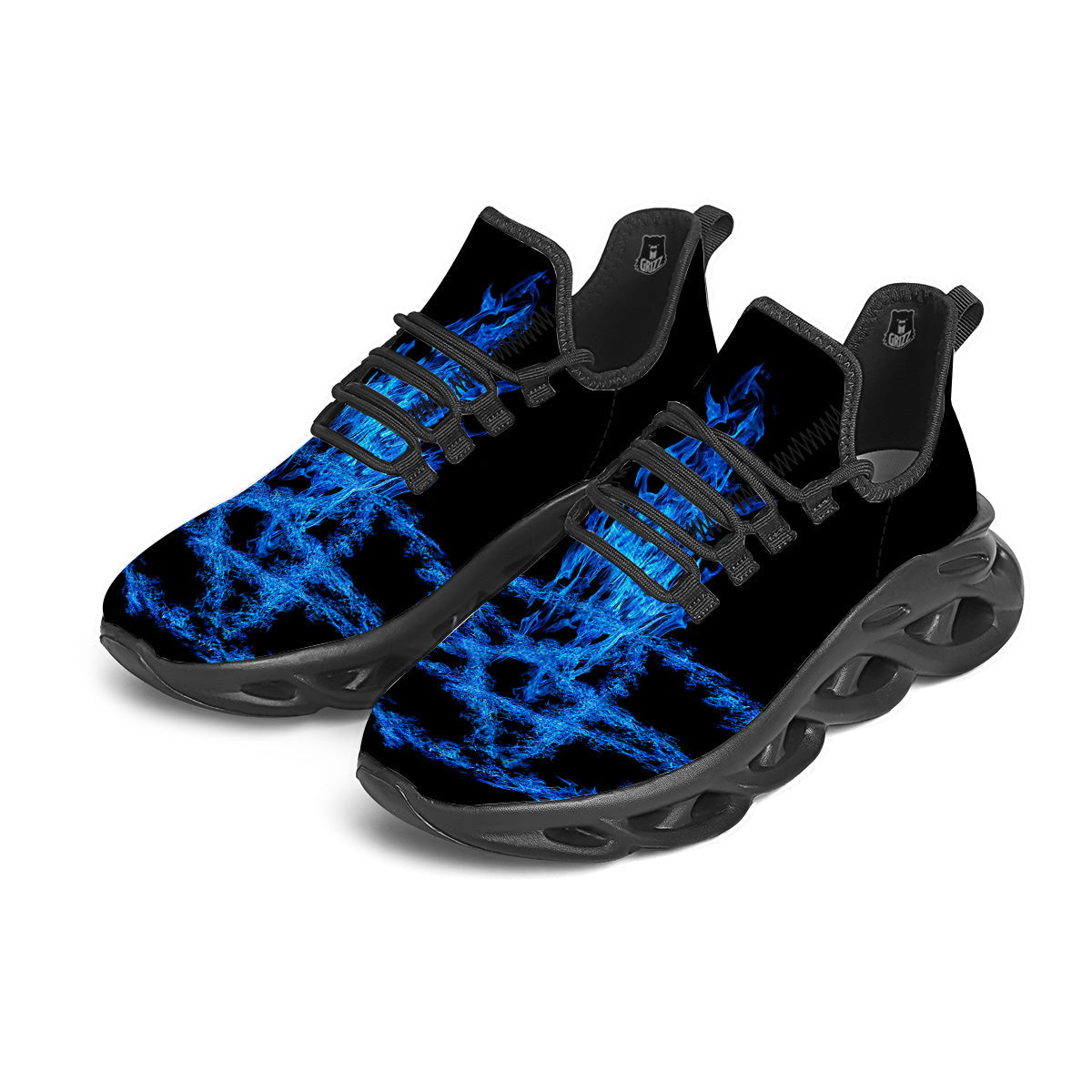 Pentagram Blue Flame Print Black Running Shoes-grizzshop