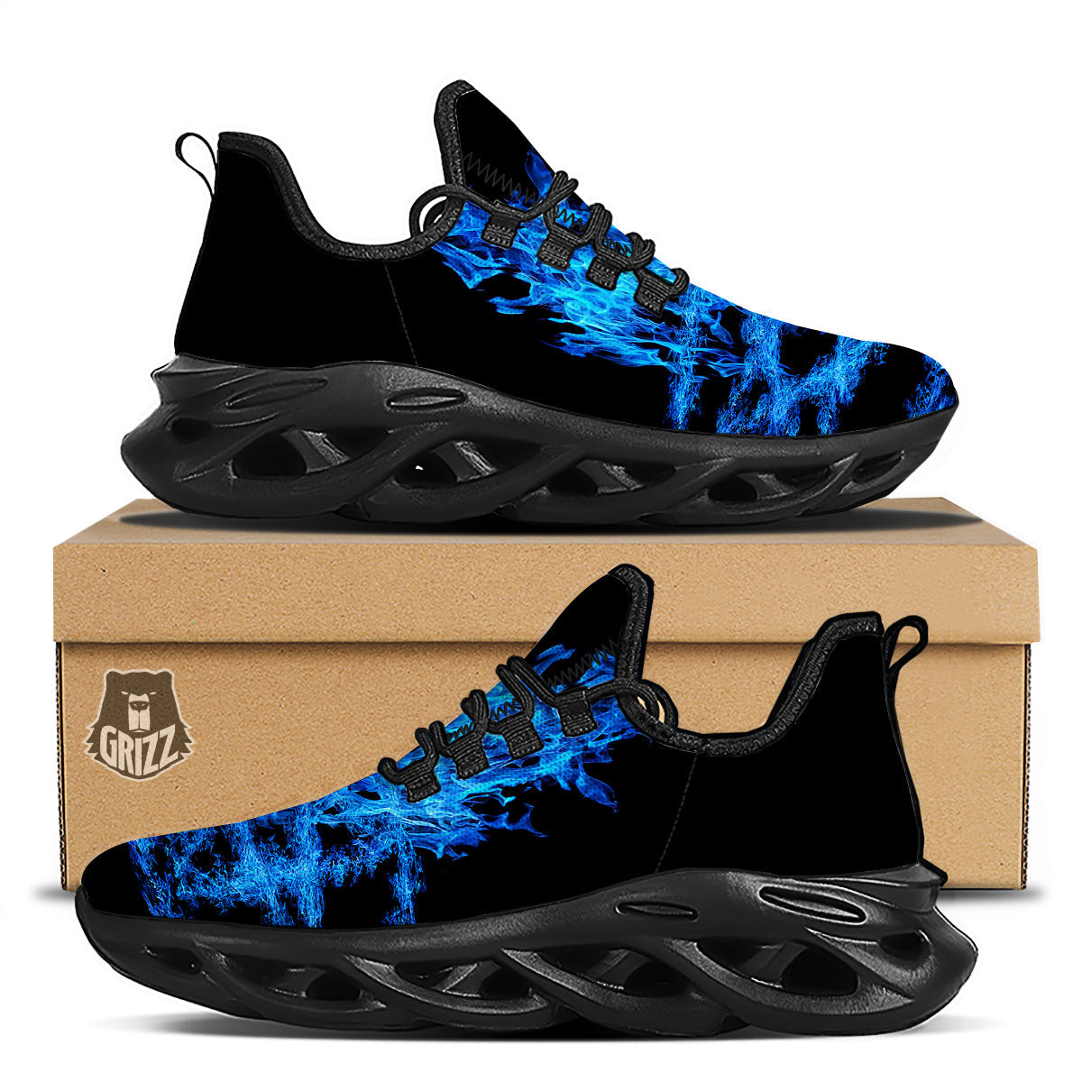 Pentagram Blue Flame Print Black Running Shoes-grizzshop