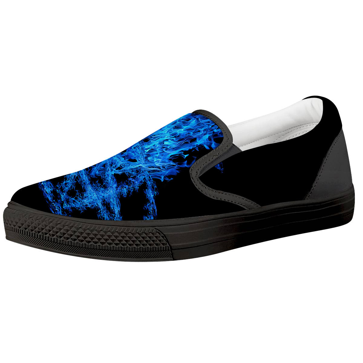 Pentagram Blue Flame Print Black Slip On Shoes-grizzshop