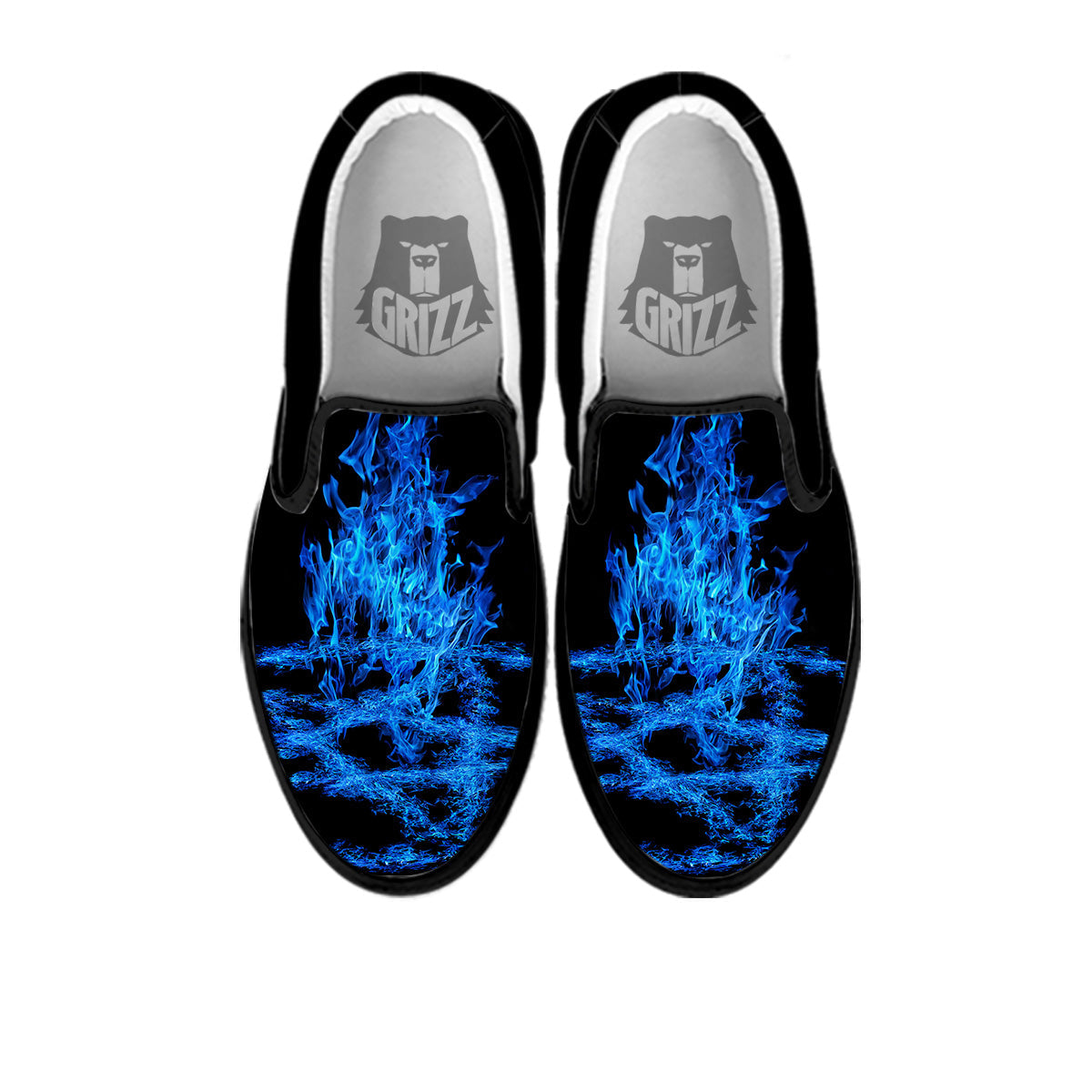 Pentagram Blue Flame Print Black Slip On Shoes-grizzshop