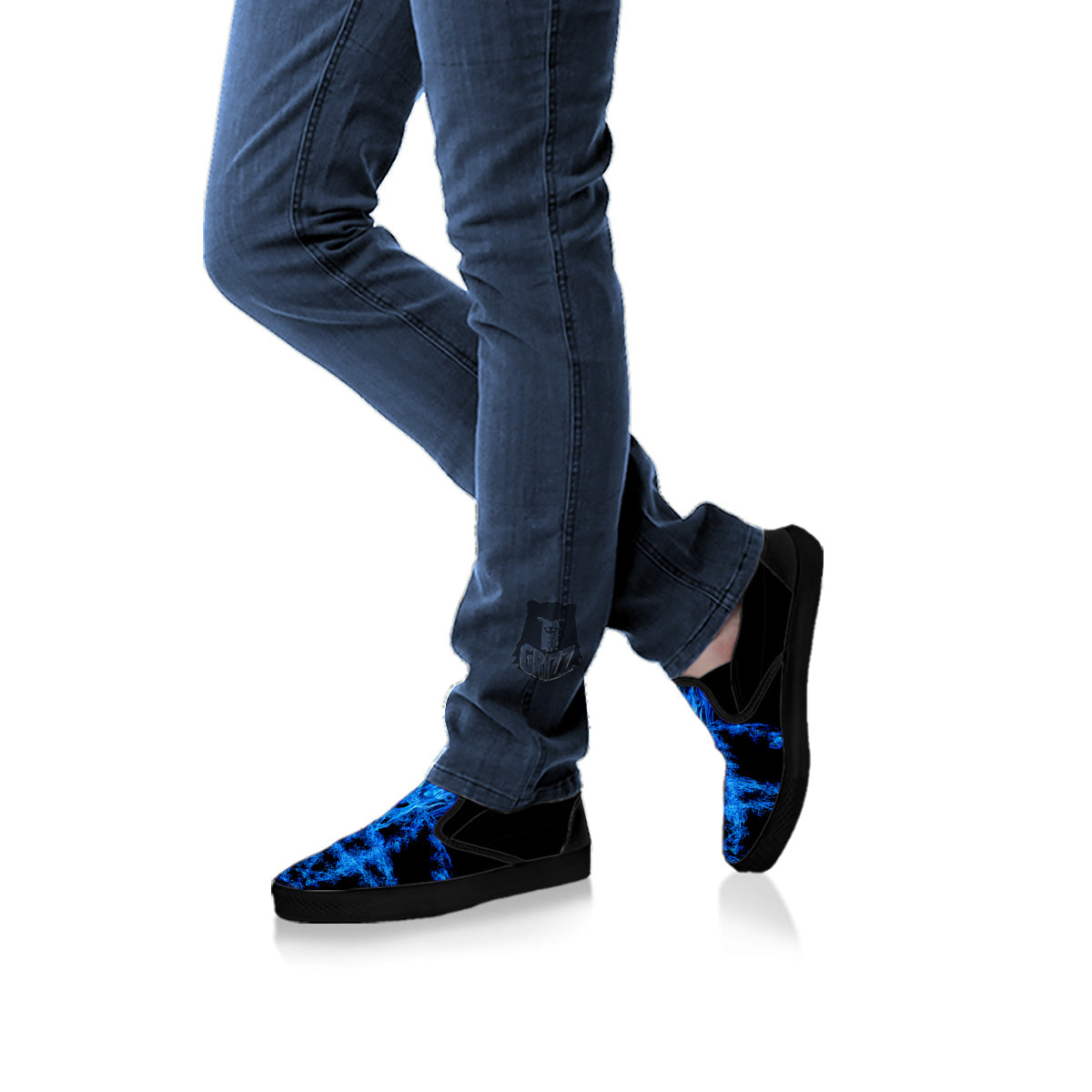 Pentagram Blue Flame Print Black Slip On Shoes-grizzshop