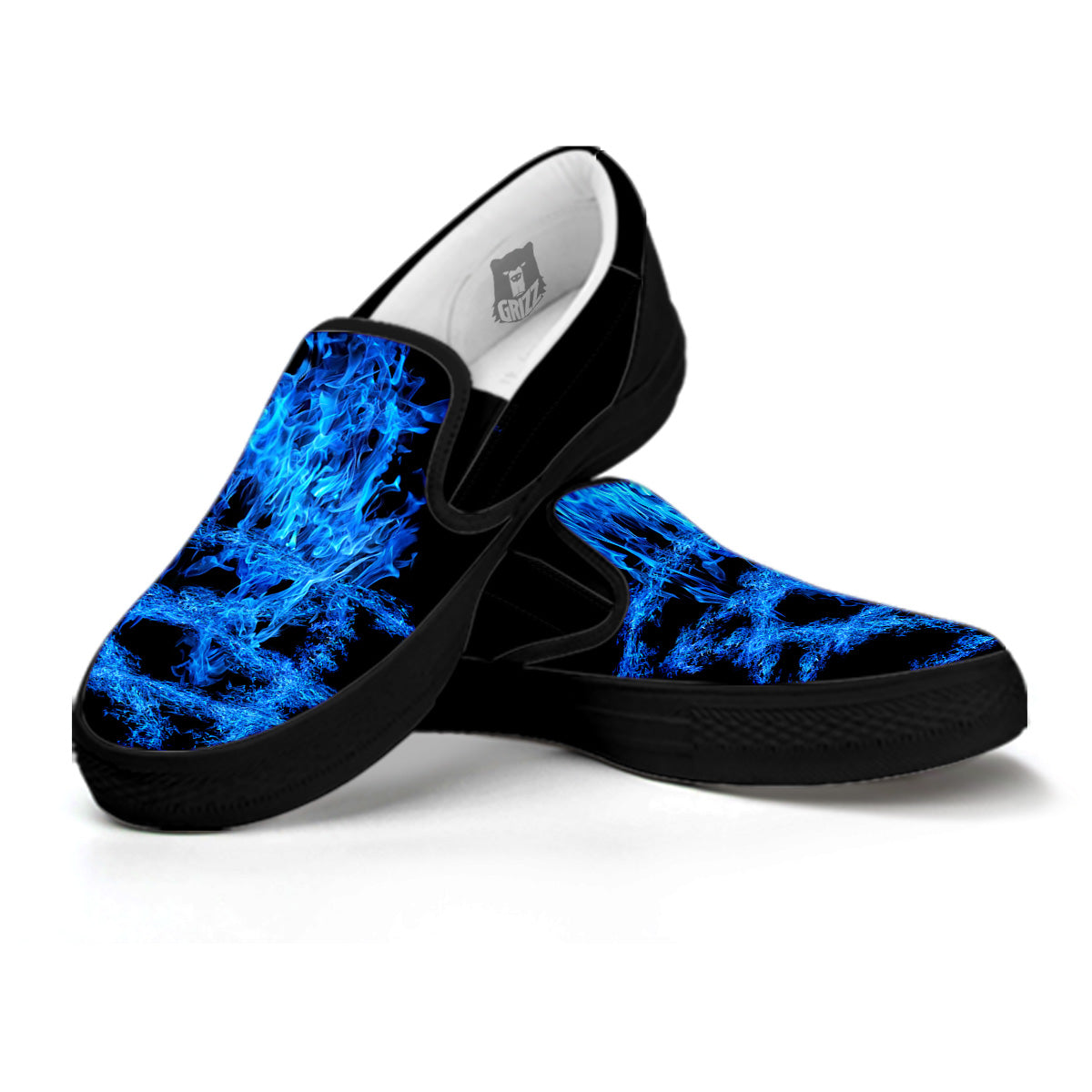 Pentagram Blue Flame Print Black Slip On Shoes-grizzshop