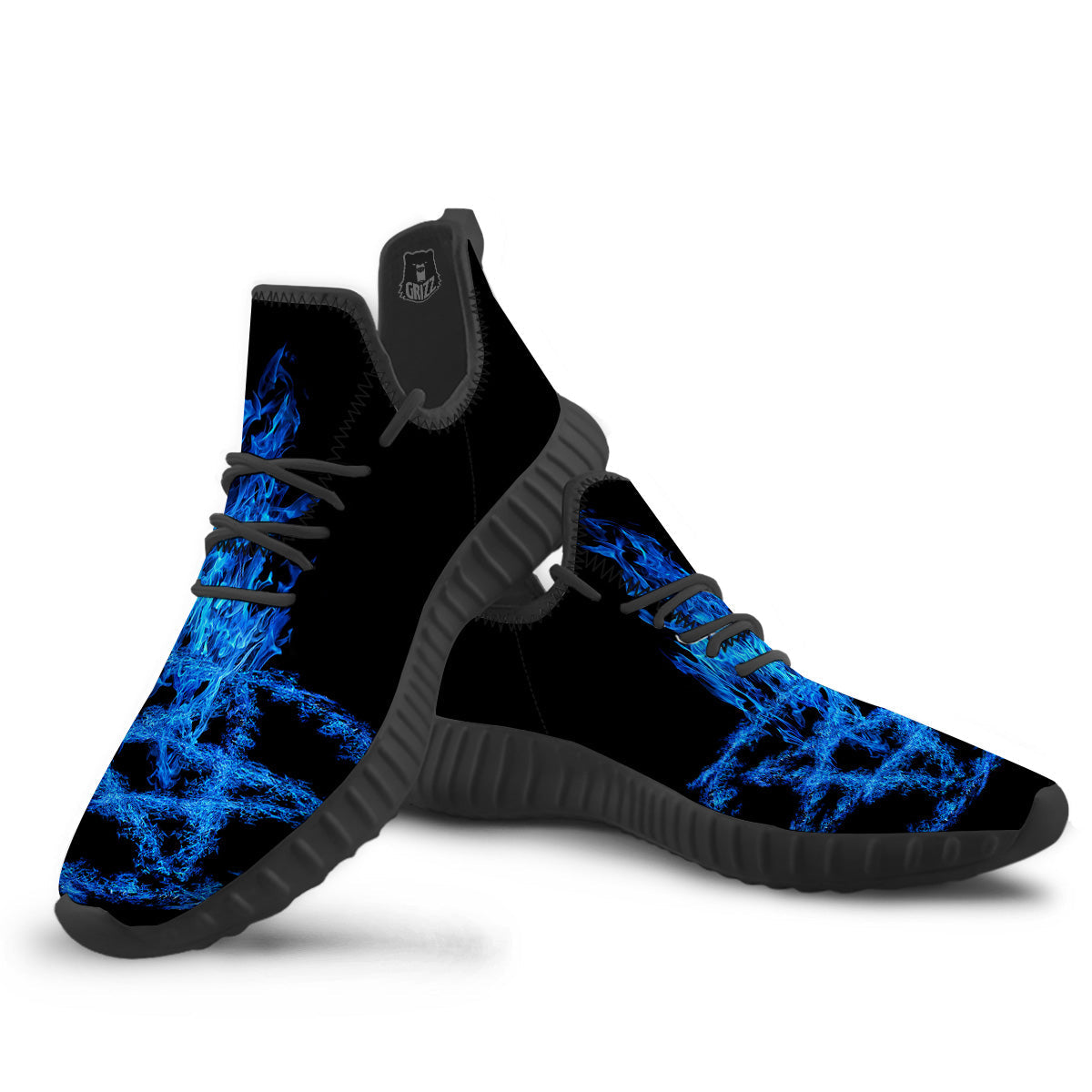 Pentagram Blue Flame Print Black Walking Shoes-grizzshop