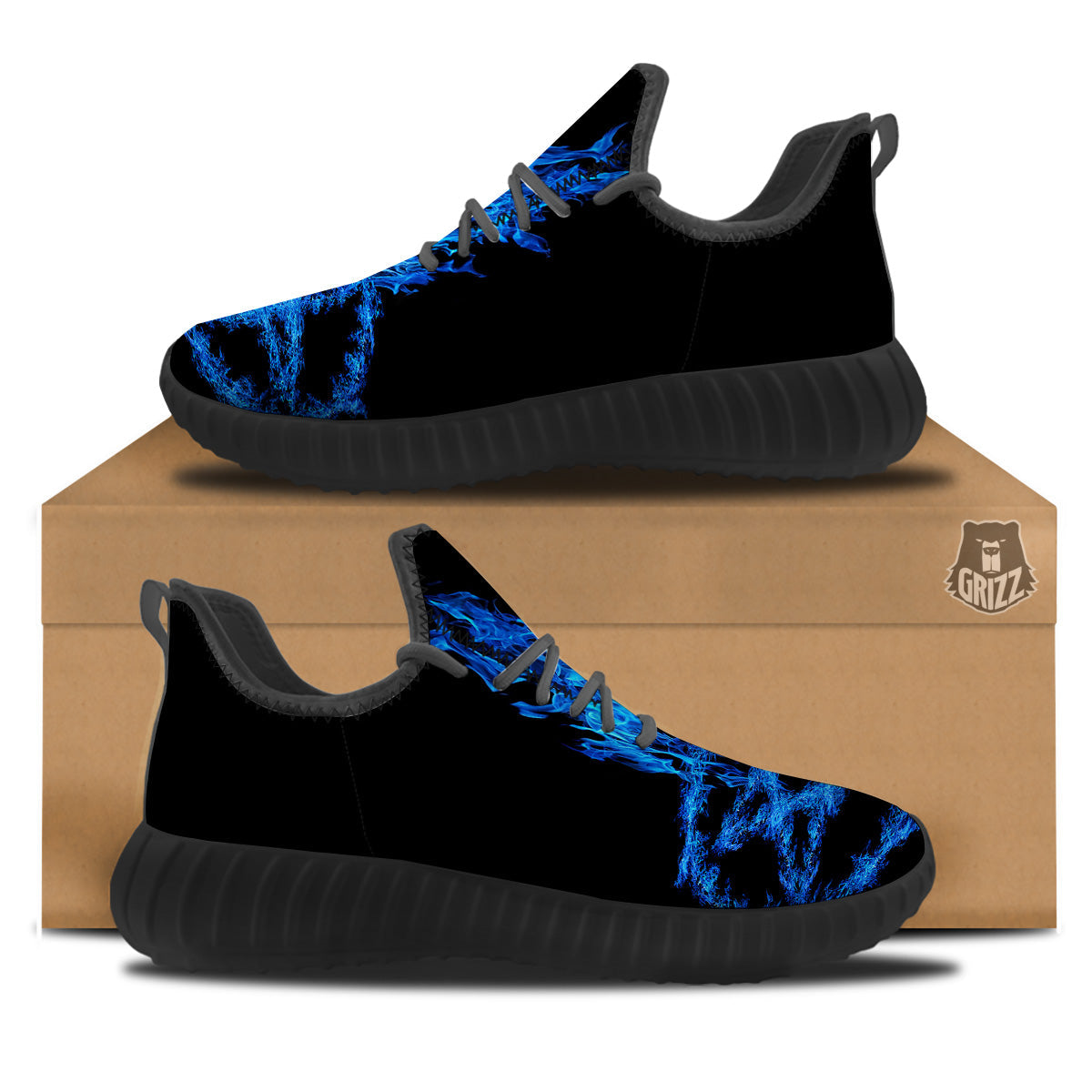 Pentagram Blue Flame Print Black Walking Shoes-grizzshop