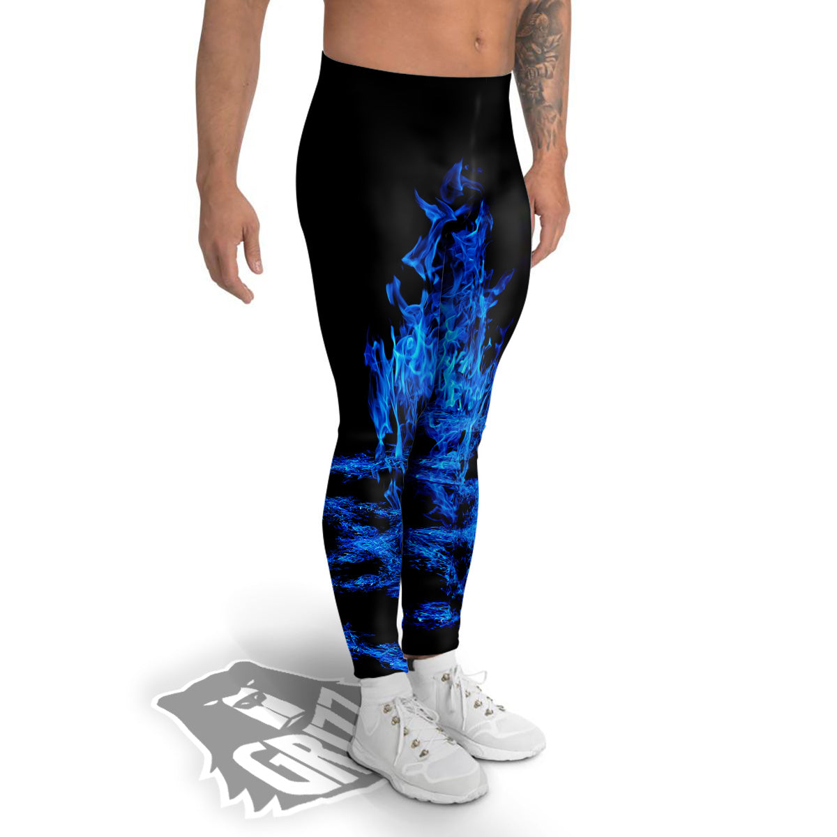 Pentagram Blue Flame Print Men's Leggings-grizzshop