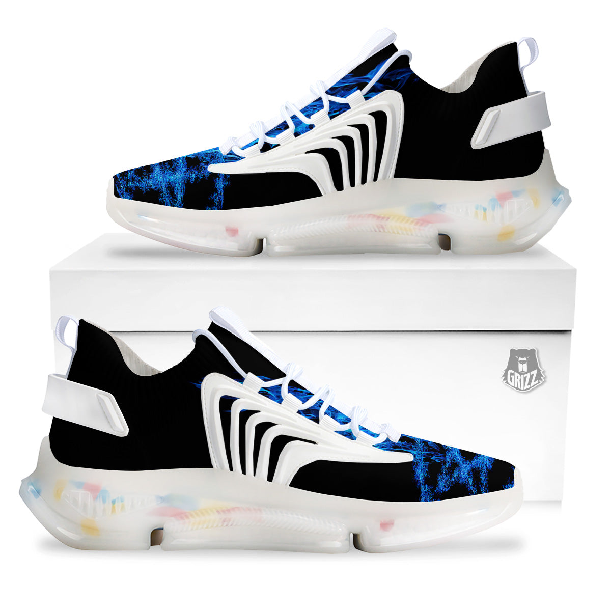 Pentagram Blue Flame Print White Gym Shoes-grizzshop