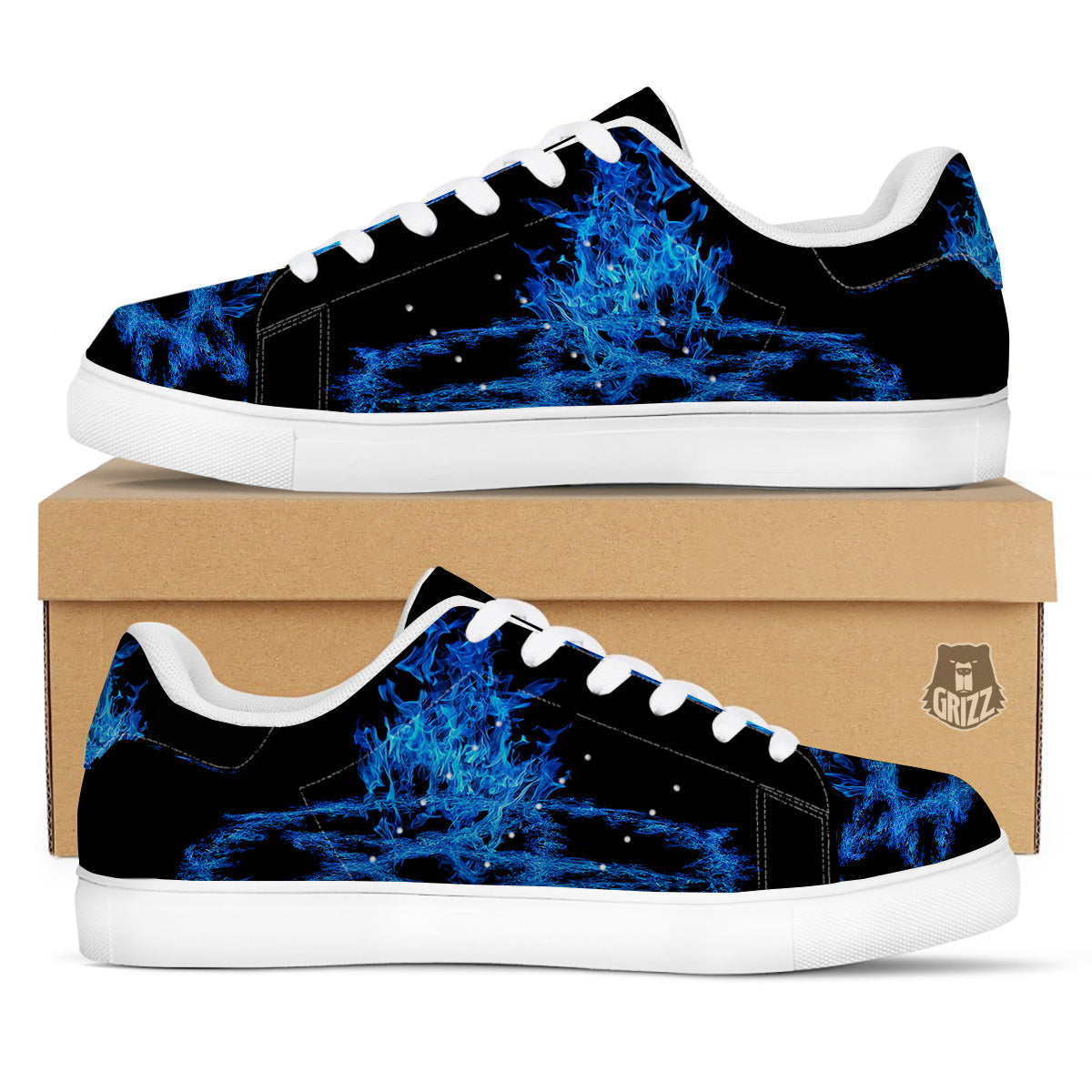 Pentagram Blue Flame Print White Low Top Sneakers-grizzshop