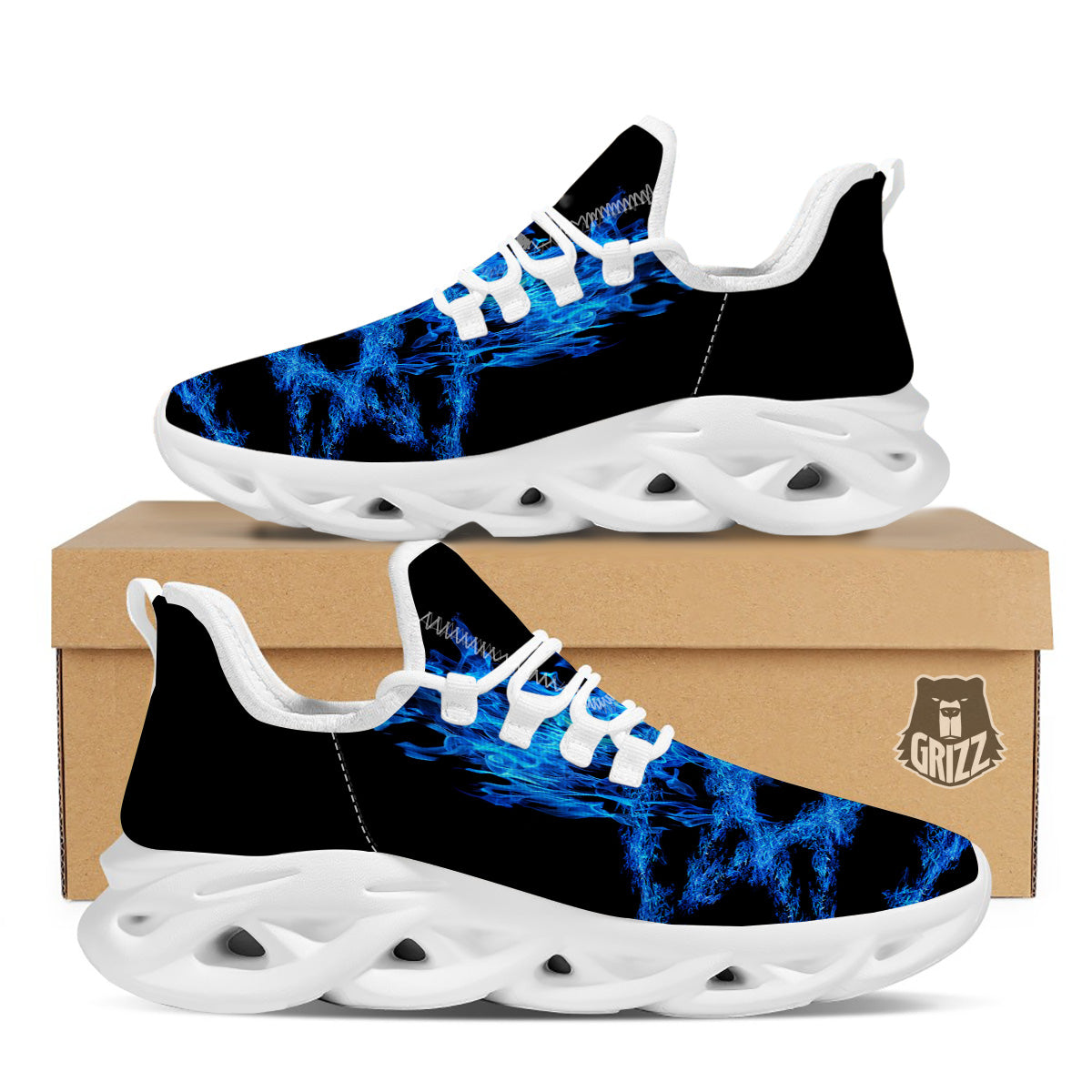Pentagram Blue Flame Print White Running Shoes-grizzshop