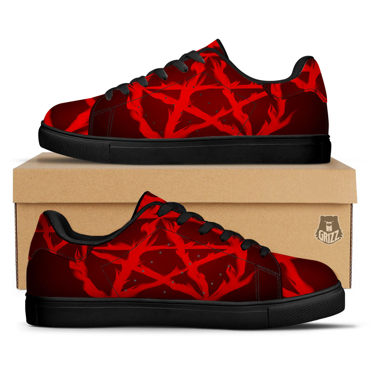 Pentagram Fiery Reversed Print Black Low Top Sneakers-grizzshop
