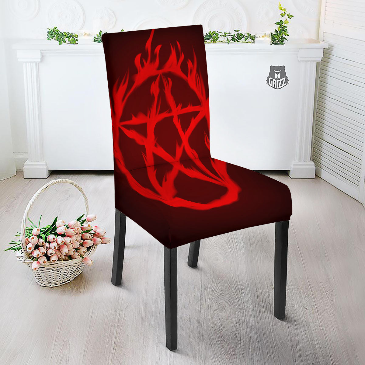 Pentagram Fiery Reversed Print Dining Chair Slipcover-grizzshop