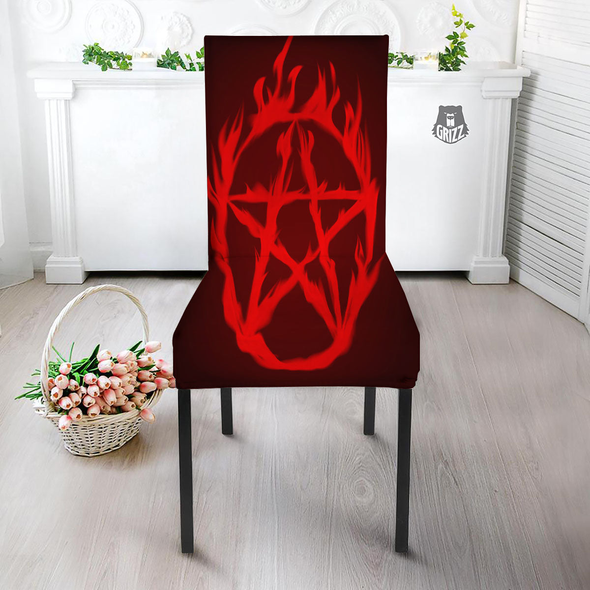 Pentagram Fiery Reversed Print Dining Chair Slipcover-grizzshop