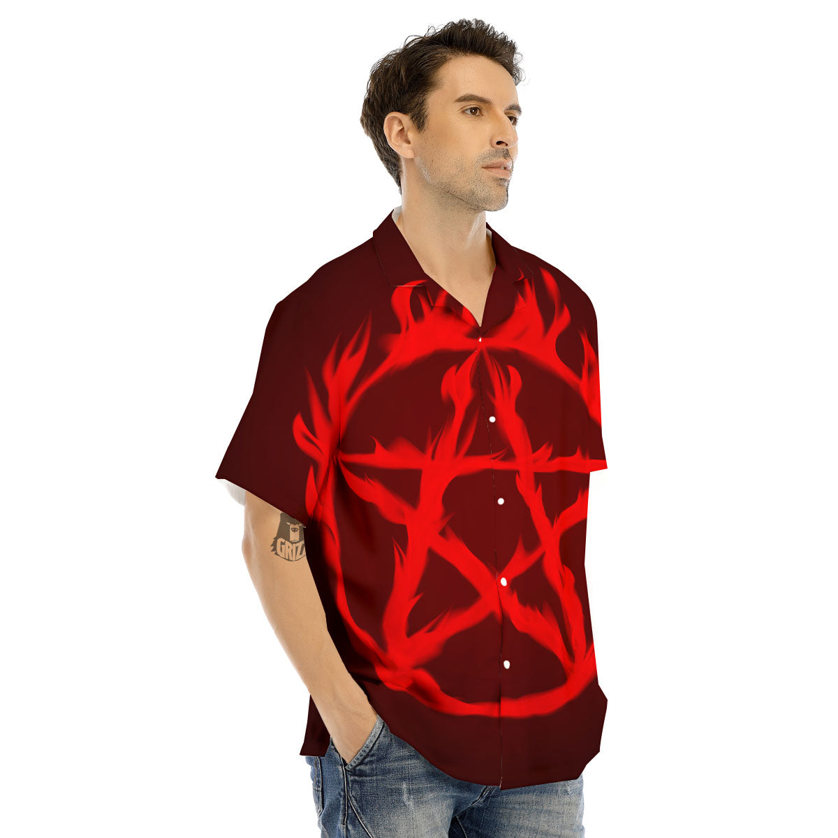 Pentagram Fiery Reversed Print Men's Hawaiian Shirt-grizzshop