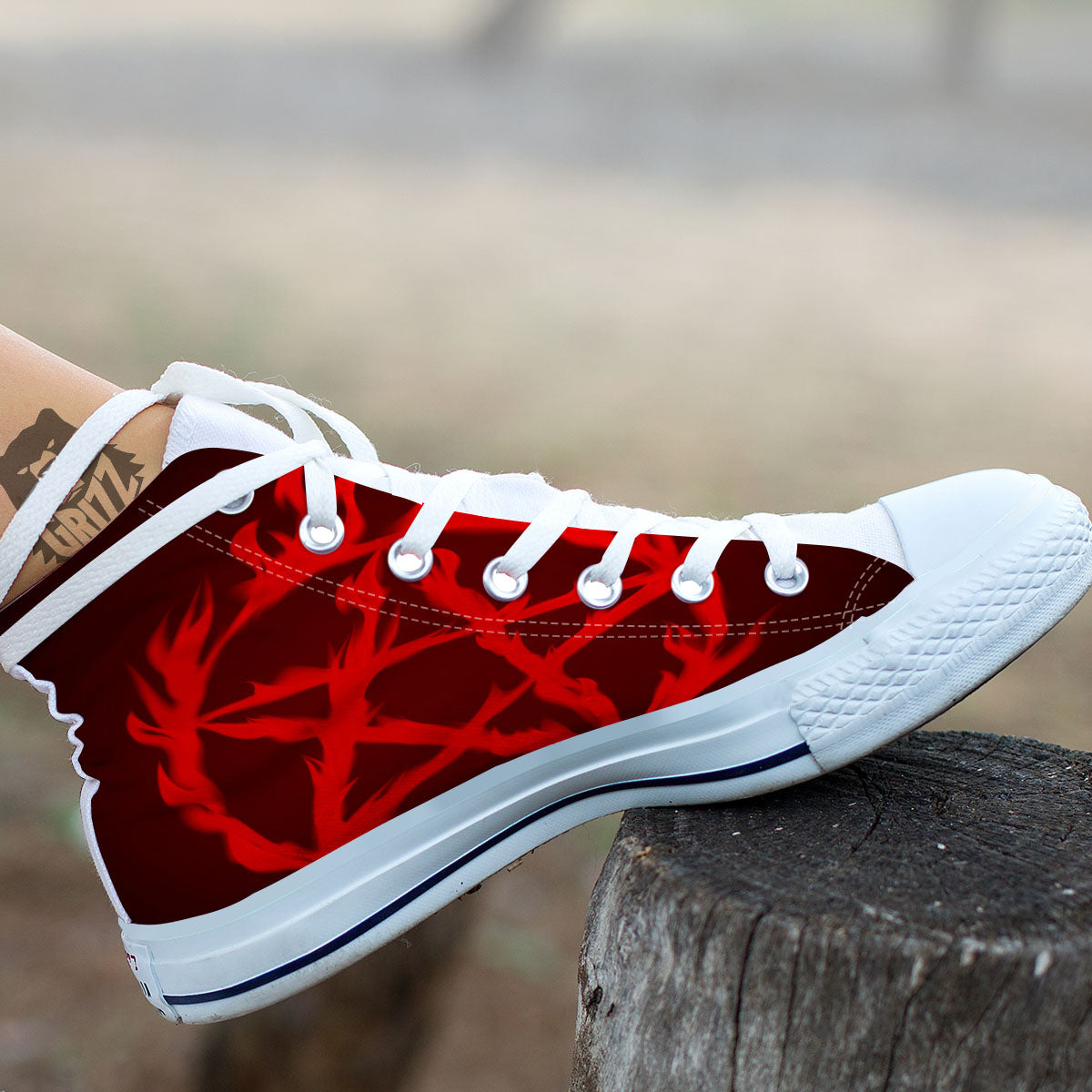 Pentagram Fiery Reversed Print White High Top Shoes-grizzshop