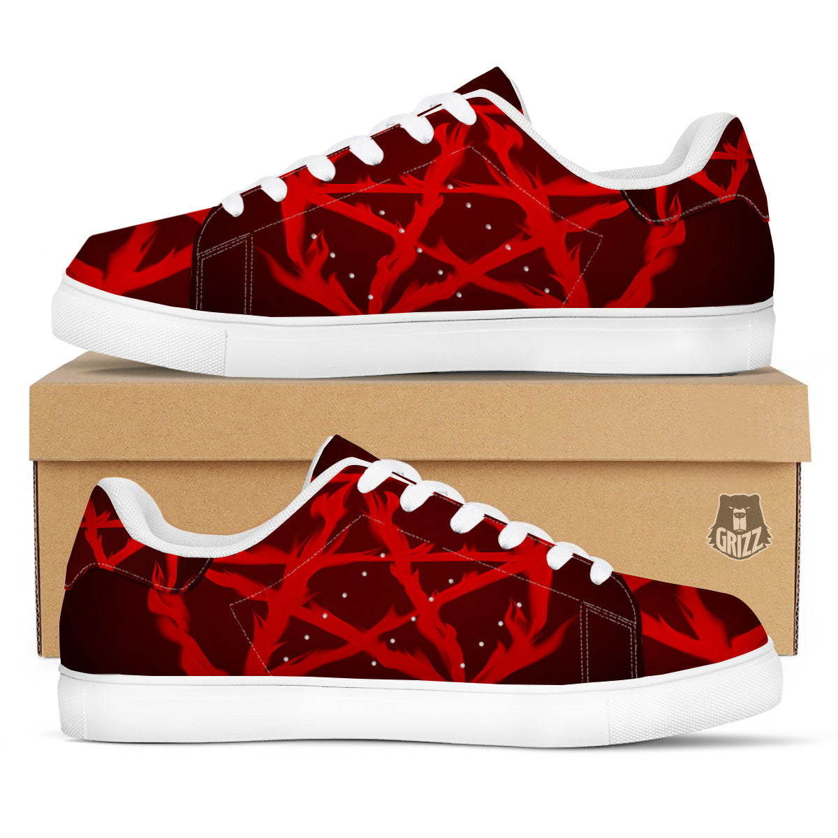 Pentagram Fiery Reversed Print White Low Top Sneakers-grizzshop