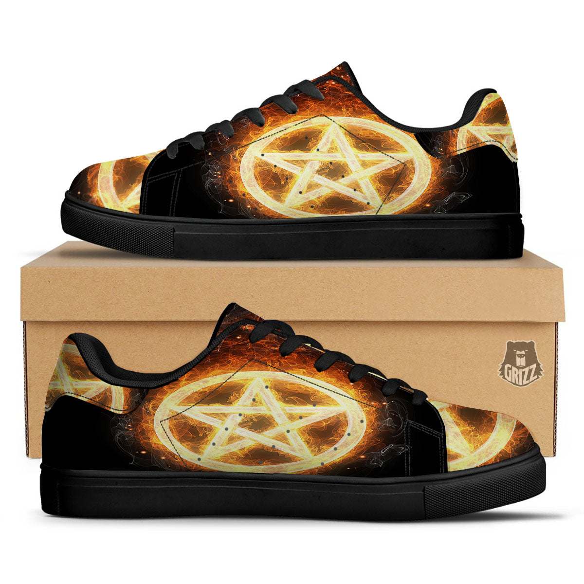 Pentagram Flame Print Black Low Top Sneakers-grizzshop