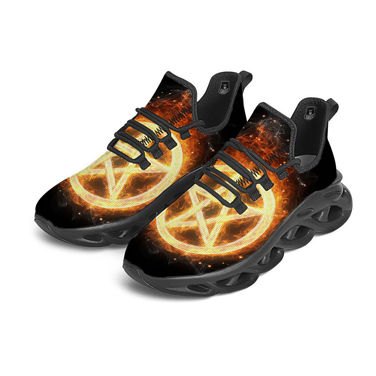 Pentagram Flame Print Black Running Shoes-grizzshop