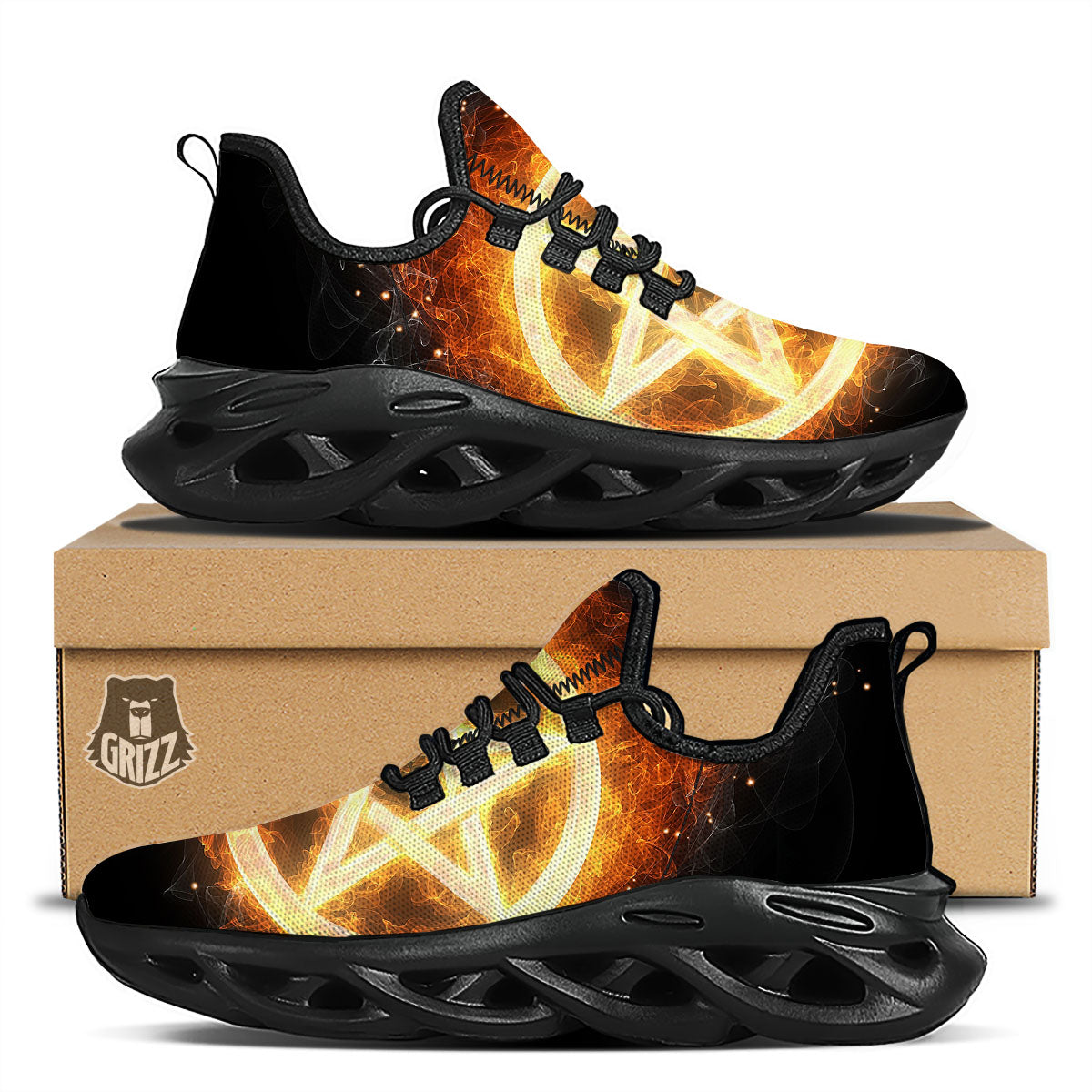 Pentagram Flame Print Black Running Shoes-grizzshop