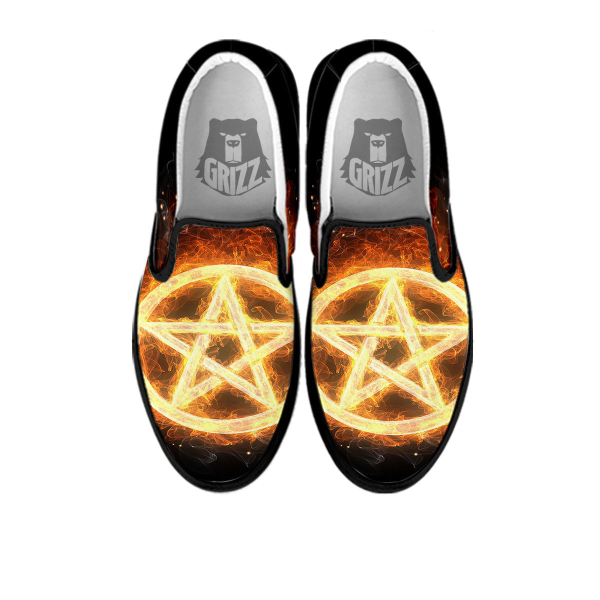 Pentagram Flame Print Black Slip On Shoes-grizzshop