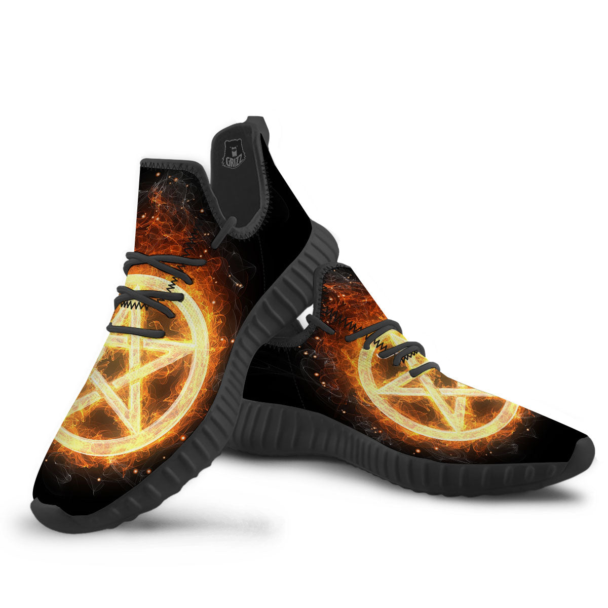 Pentagram Flame Print Black Walking Shoes-grizzshop