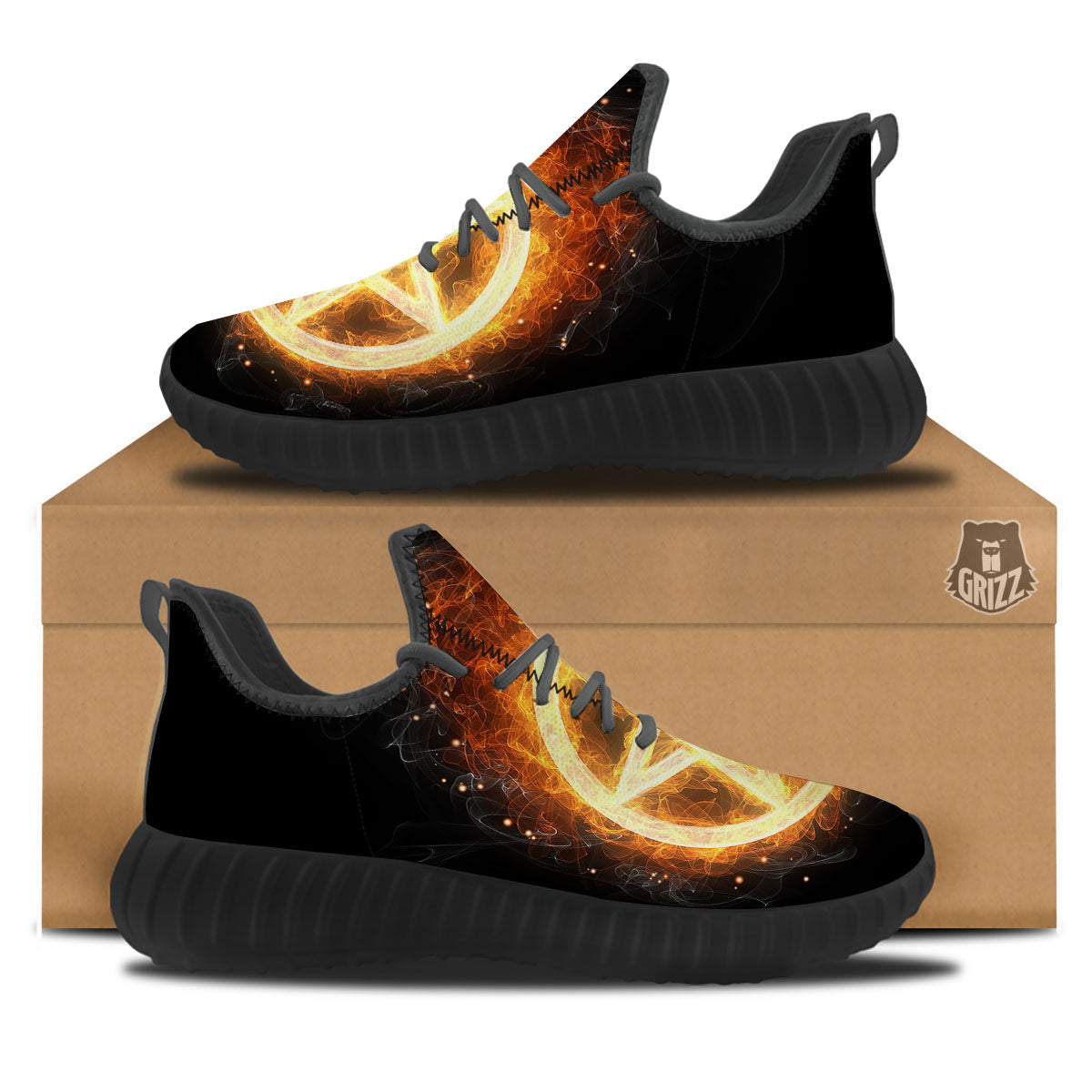 Pentagram Flame Print Black Walking Shoes-grizzshop