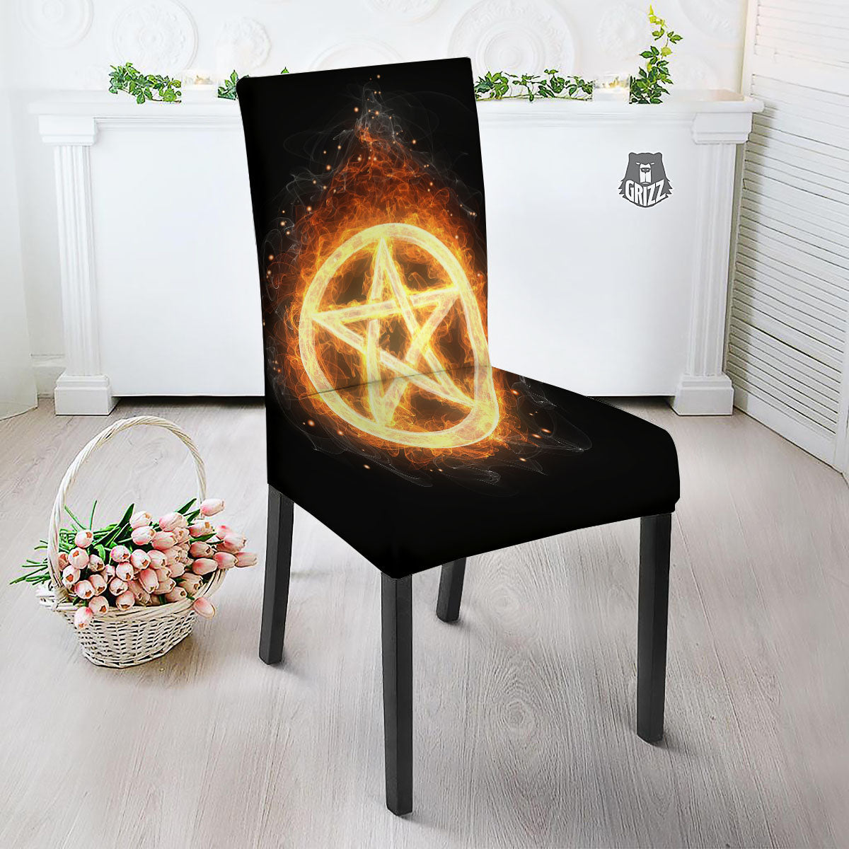 Pentagram Flame Print Dining Chair Slipcover-grizzshop