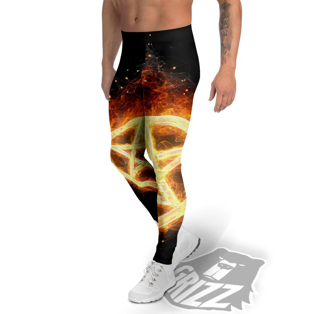 Pentagram Flame Print Men's Leggings-grizzshop