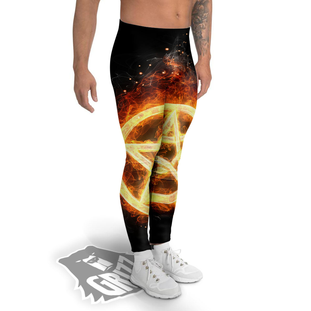 Pentagram Flame Print Men's Leggings-grizzshop