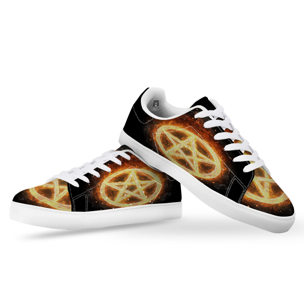 Pentagram Flame Print White Low Top Sneakers-grizzshop