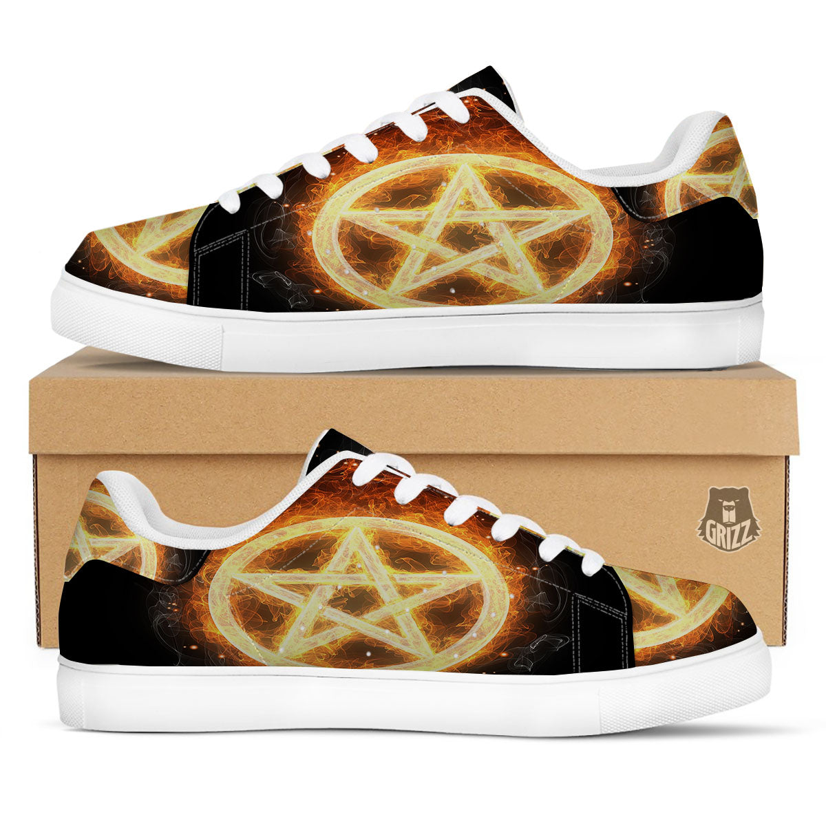 Pentagram Flame Print White Low Top Sneakers-grizzshop