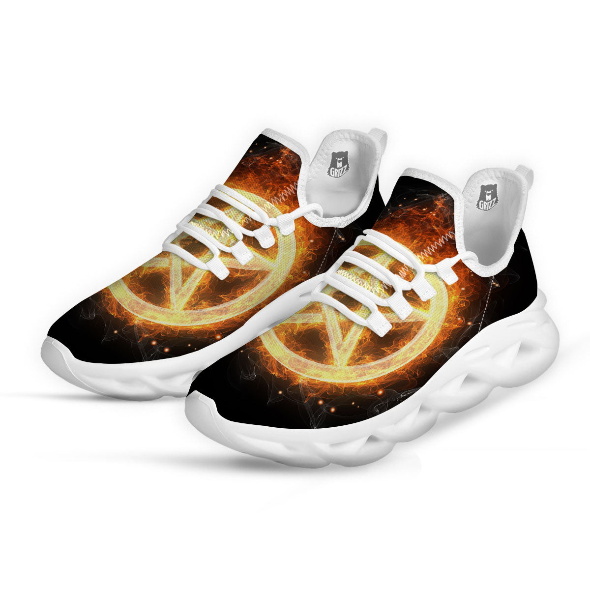 Pentagram Flame Print White Running Shoes-grizzshop