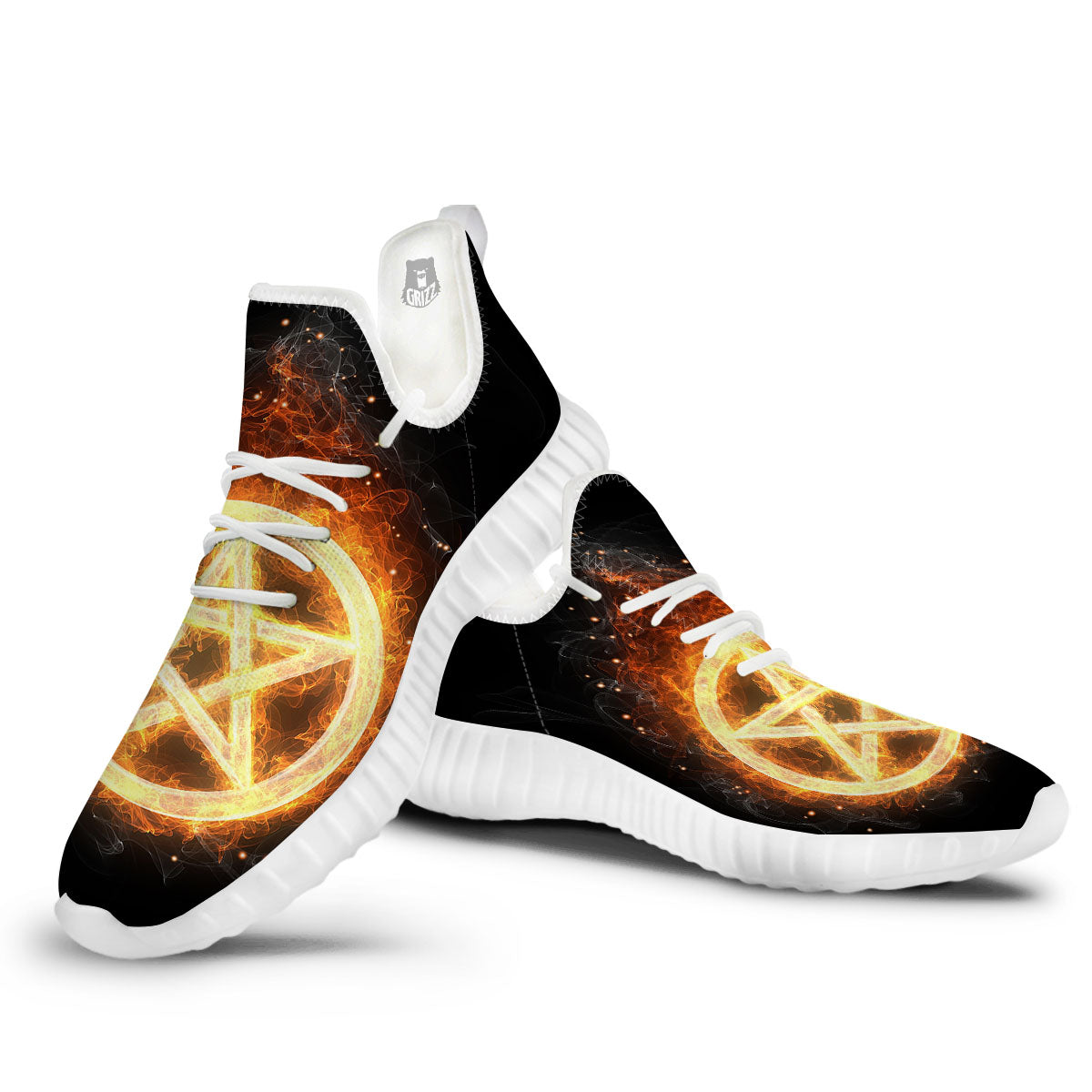 Pentagram Flame Print White Walking Shoes-grizzshop