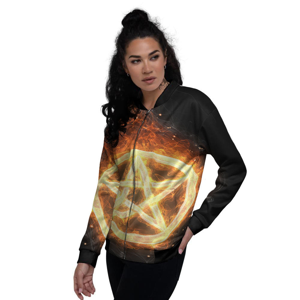 Pentagram Flame Print Women's Bomber Jacket-grizzshop