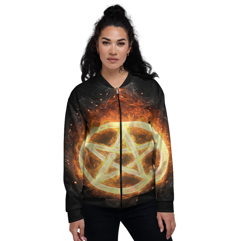 Pentagram Flame Print Women's Bomber Jacket-grizzshop