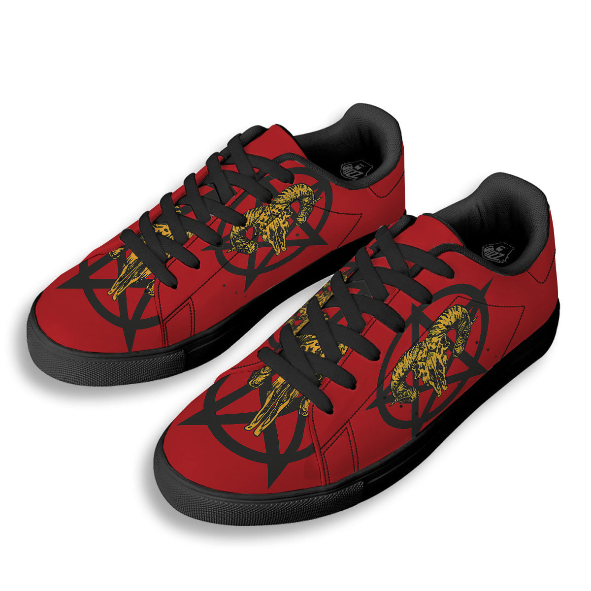 Pentagram Goat Skull Print Black Low Top Sneakers-grizzshop