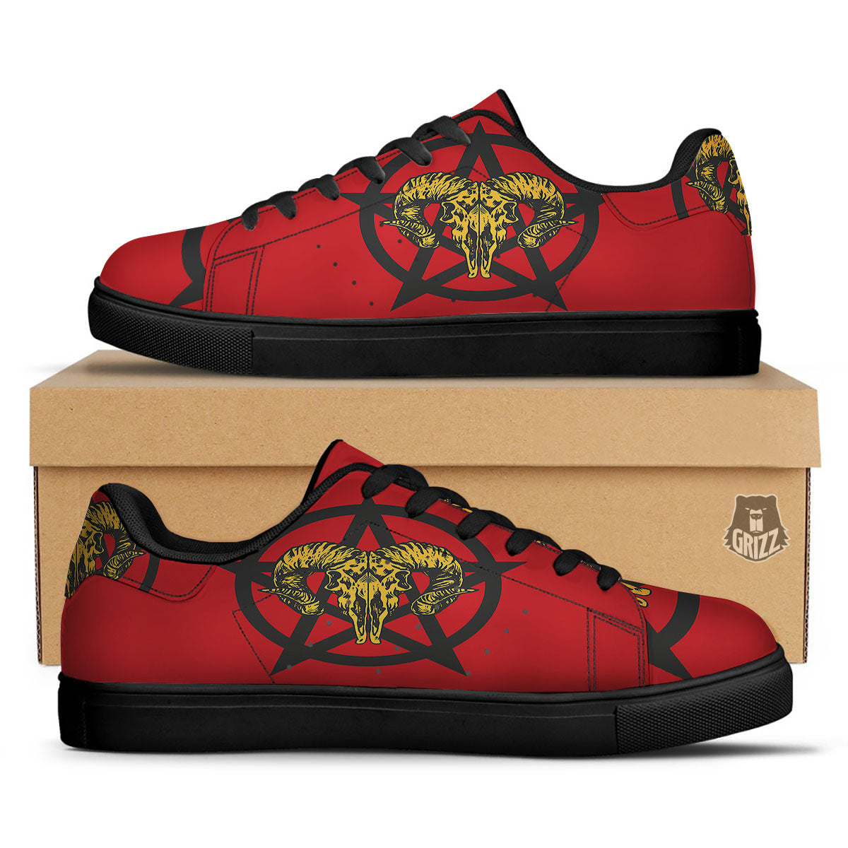 Pentagram Goat Skull Print Black Low Top Sneakers-grizzshop
