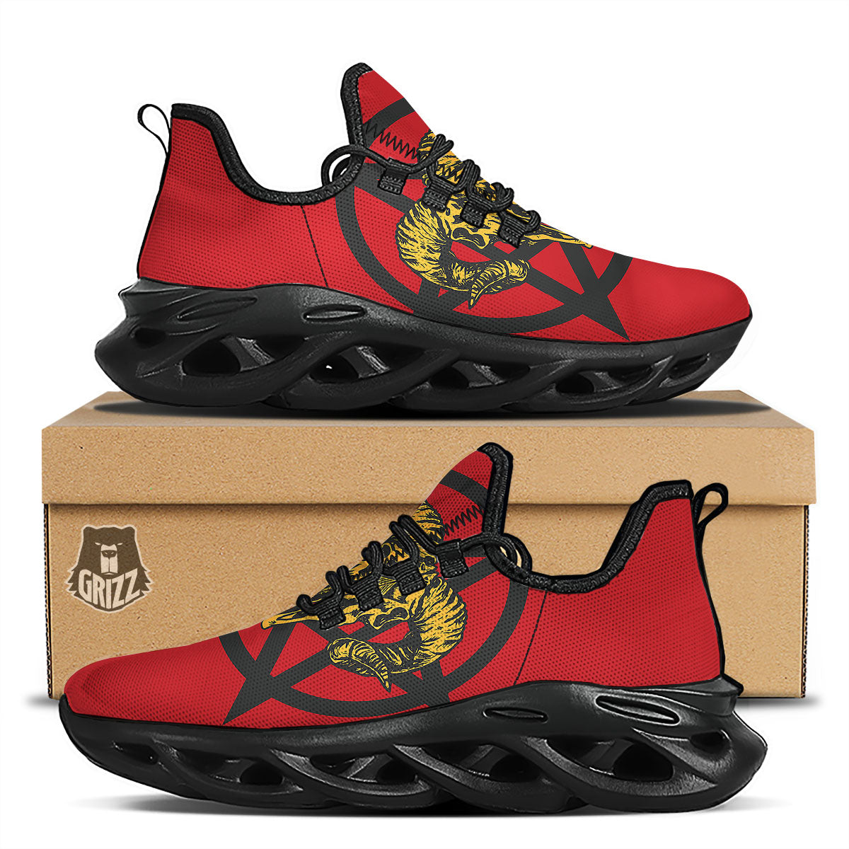 Pentagram Goat Skull Print Black Running Shoes-grizzshop