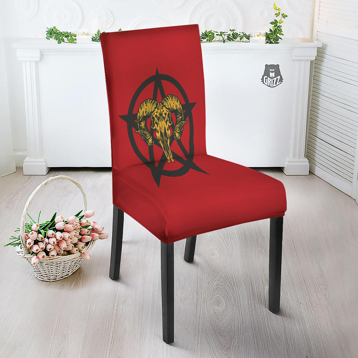 Pentagram Goat Skull Print Dining Chair Slipcover-grizzshop