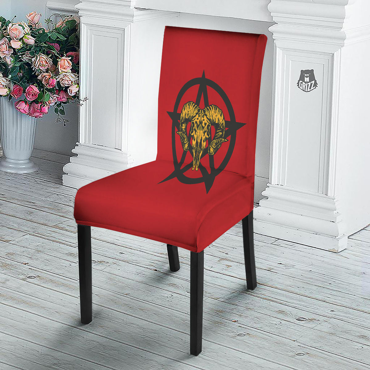 Pentagram Goat Skull Print Dining Chair Slipcover-grizzshop